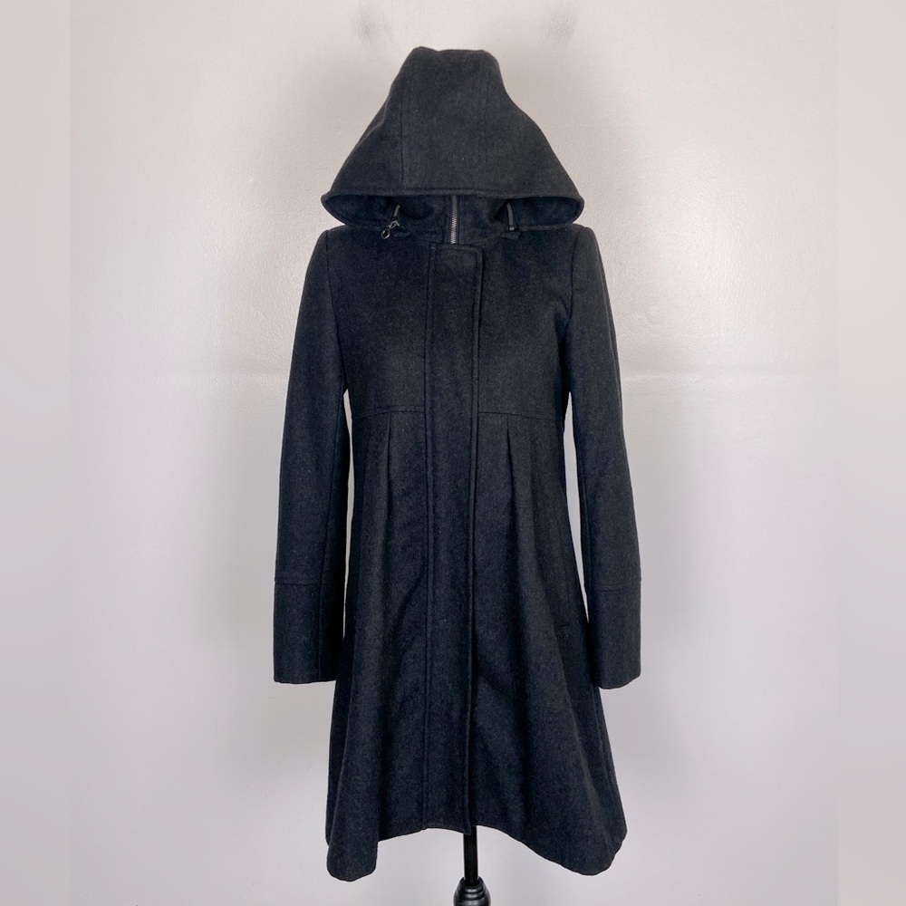DKNY Women's Hooded Wool Blend Peacoat Size 2 Color Gray Midi Length‎ Mock Neck